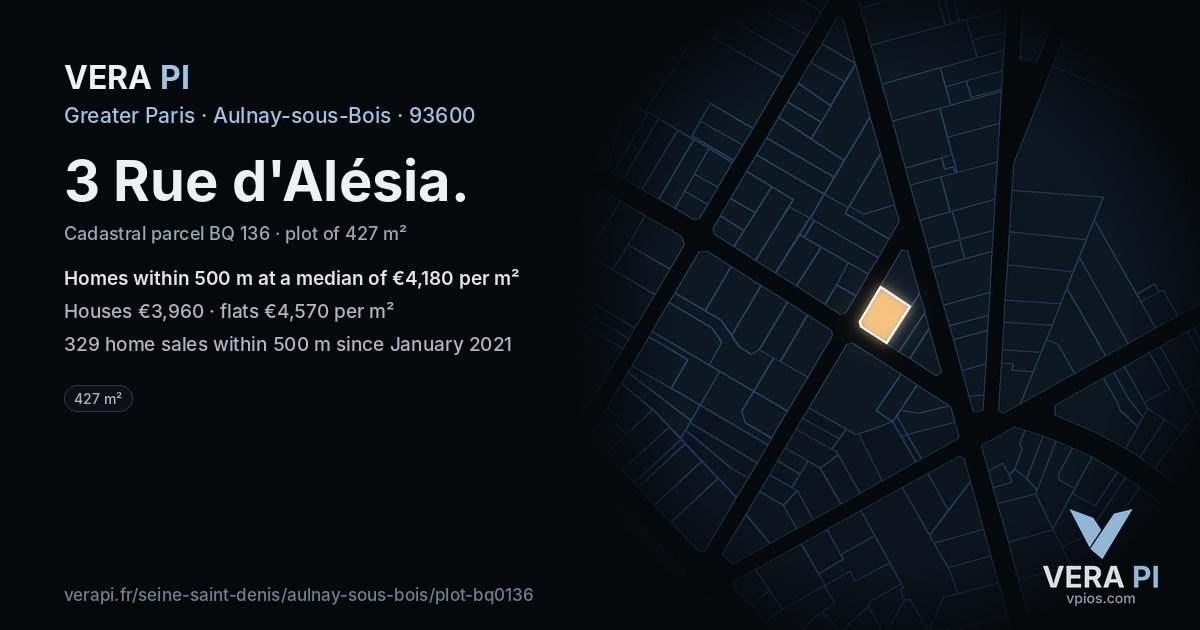 3 Rue d'Alésia, Aulnay-sous-Bois at night – the plot lit, the parcels around coloured by the prices near them