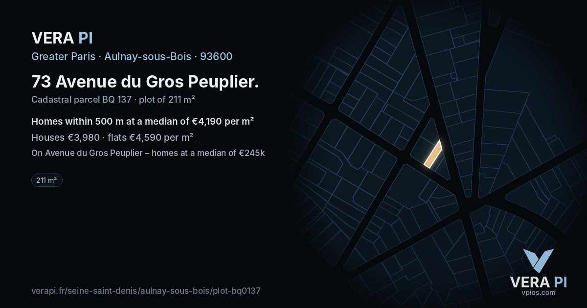 73 Avenue du Gros Peuplier, Aulnay-sous-Bois at night – the plot lit, the parcels around coloured by the prices near them