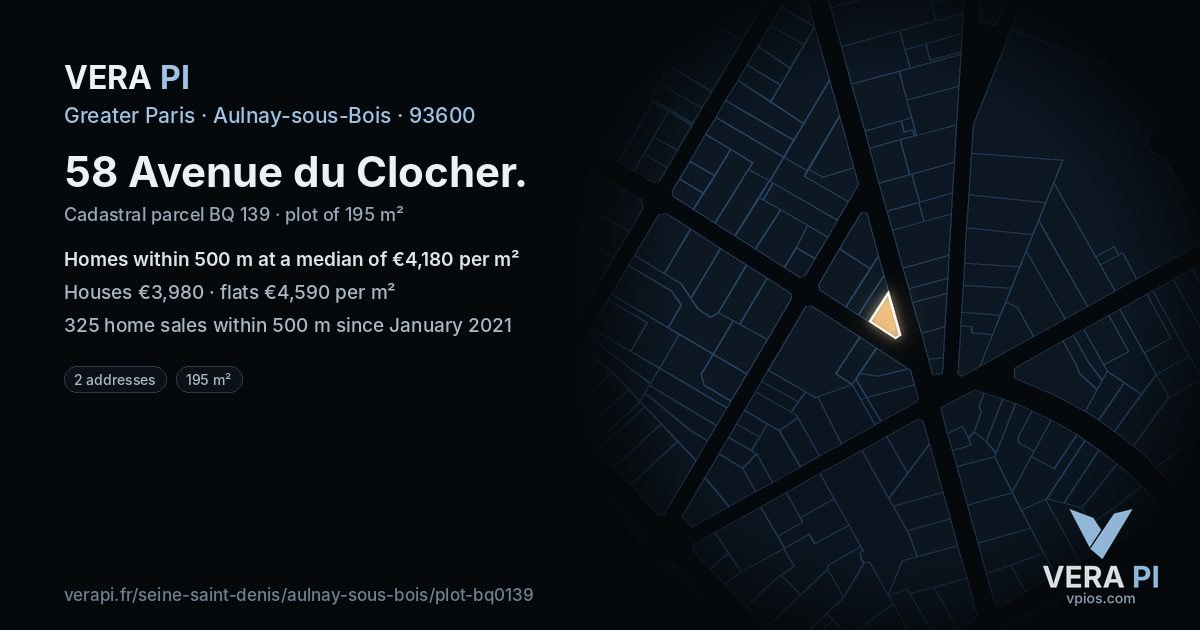 58 Avenue du Clocher, Aulnay-sous-Bois at night – the plot lit, the parcels around coloured by the prices near them