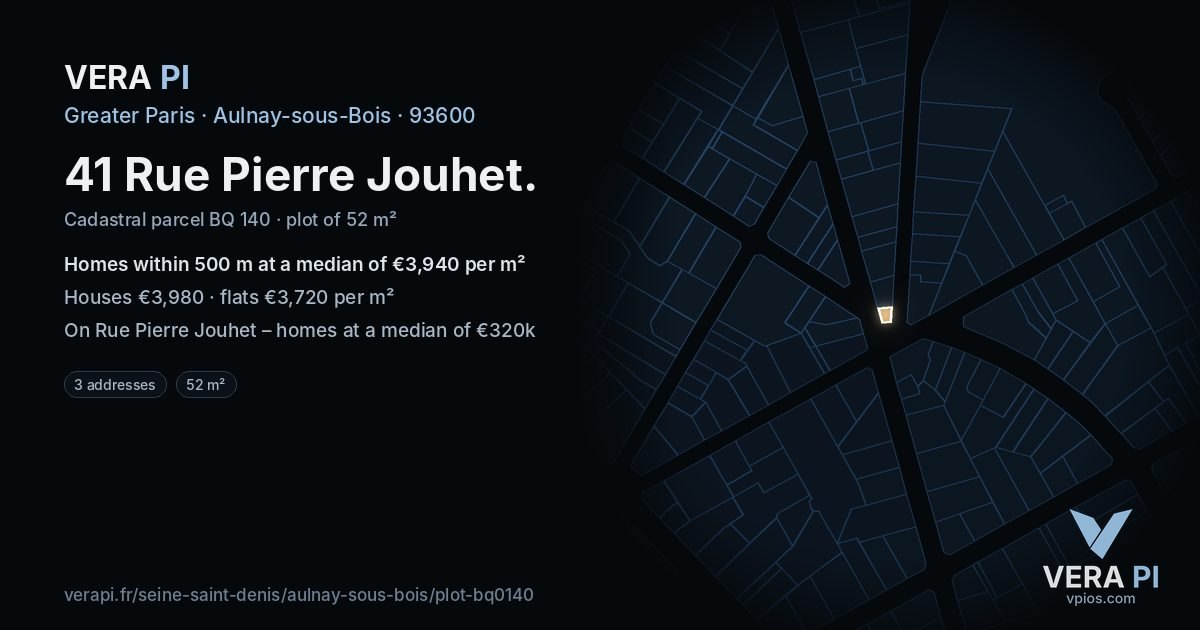 41 Rue Pierre Jouhet, Aulnay-sous-Bois at night – the plot lit, the parcels around coloured by the prices near them