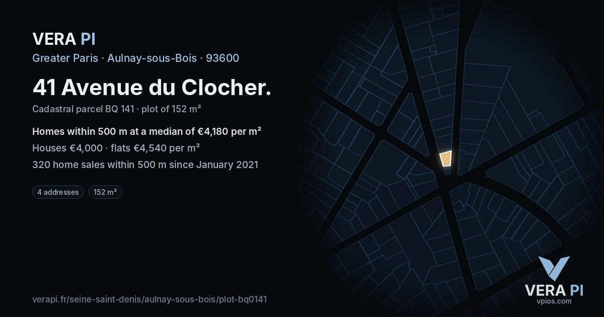 41 Avenue du Clocher, Aulnay-sous-Bois at night – the plot lit, the parcels around coloured by the prices near them