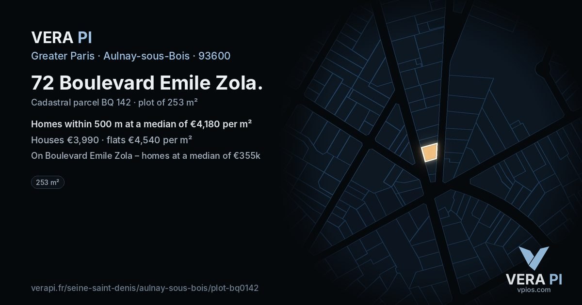 72 Boulevard Emile Zola, Aulnay-sous-Bois at night – the plot lit, the parcels around coloured by the prices near them