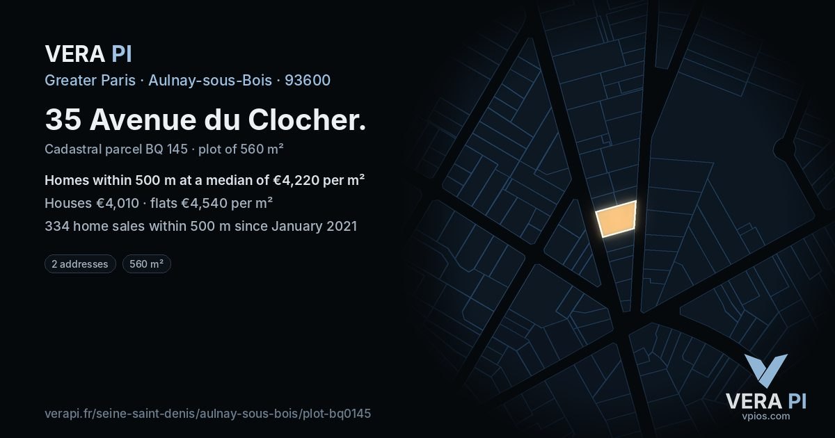 35 Avenue du Clocher, Aulnay-sous-Bois at night – the plot lit, the parcels around coloured by the prices near them