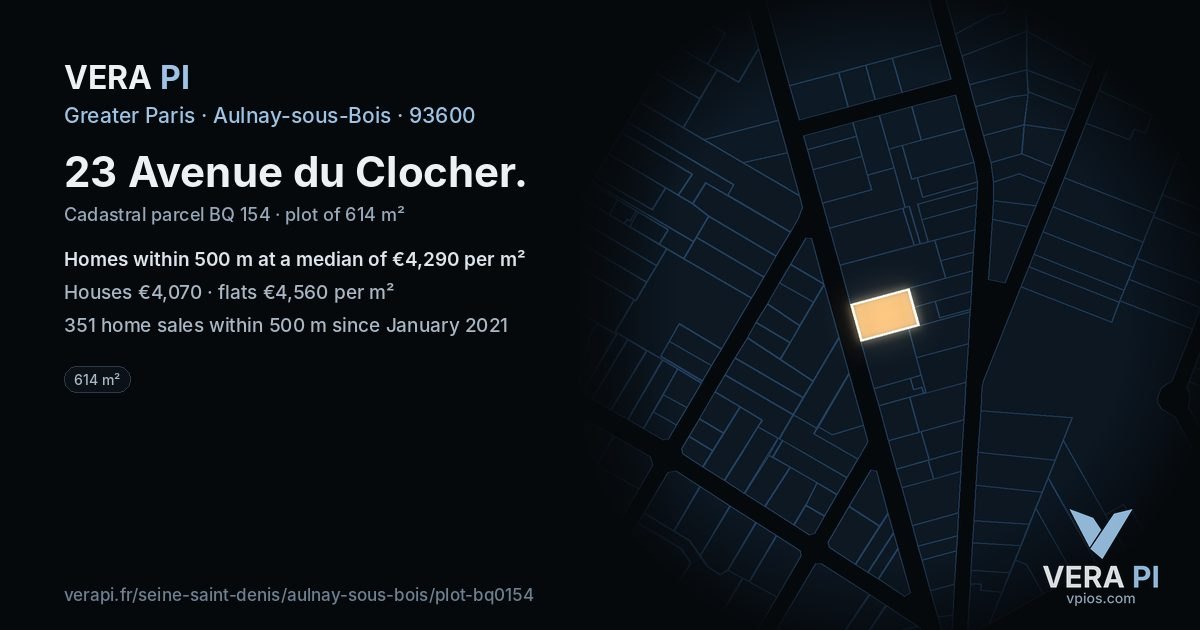 23 Avenue du Clocher, Aulnay-sous-Bois at night – the plot lit, the parcels around coloured by the prices near them