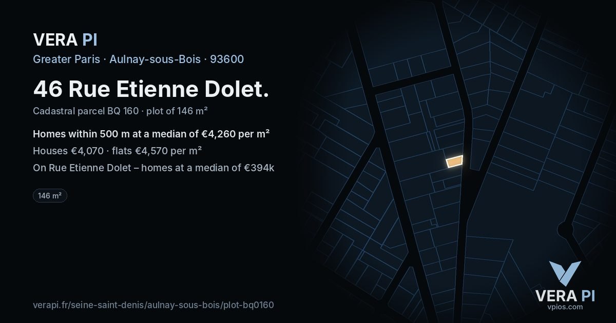46 Rue Etienne Dolet, Aulnay-sous-Bois at night – the plot lit, the parcels around coloured by the prices near them