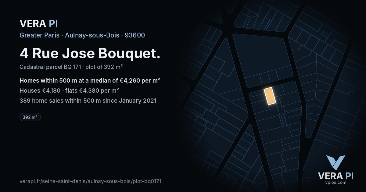 4 Rue Jose Bouquet, Aulnay-sous-Bois at night – the plot lit, the parcels around coloured by the prices near them