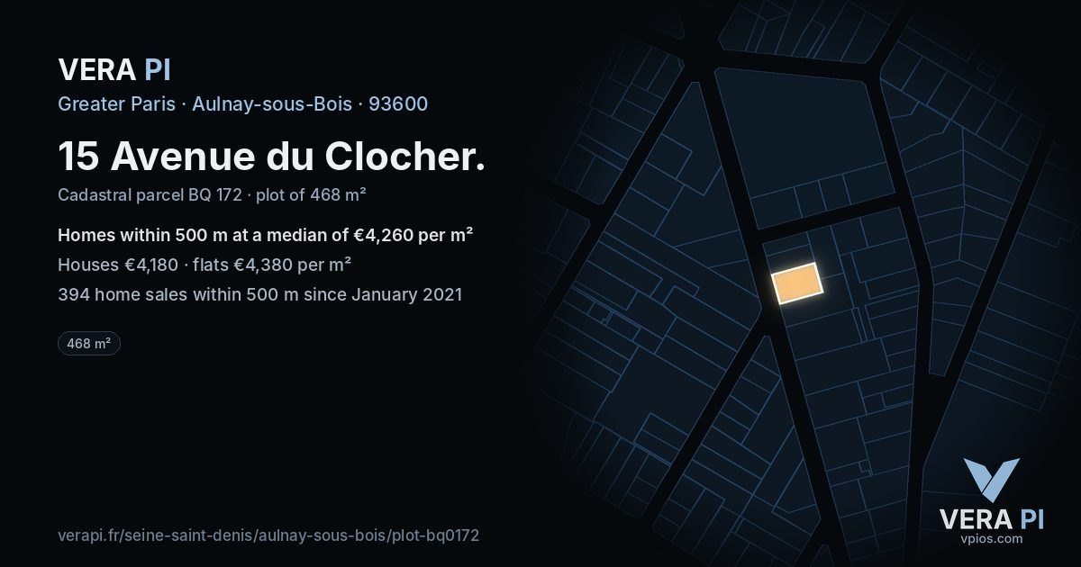 15 Avenue du Clocher, Aulnay-sous-Bois at night – the plot lit, the parcels around coloured by the prices near them