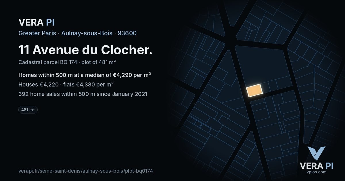 11 Avenue du Clocher, Aulnay-sous-Bois at night – the plot lit, the parcels around coloured by the prices near them