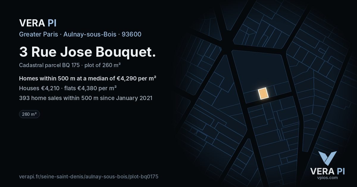 3 Rue Jose Bouquet, Aulnay-sous-Bois at night – the plot lit, the parcels around coloured by the prices near them
