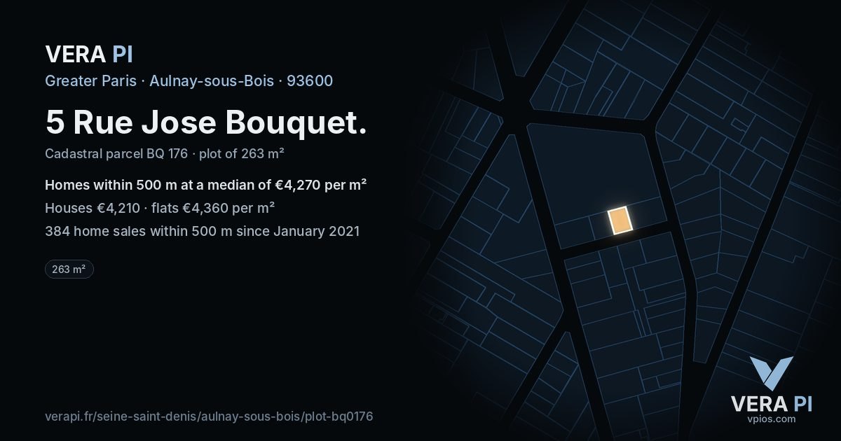 5 Rue Jose Bouquet, Aulnay-sous-Bois at night – the plot lit, the parcels around coloured by the prices near them