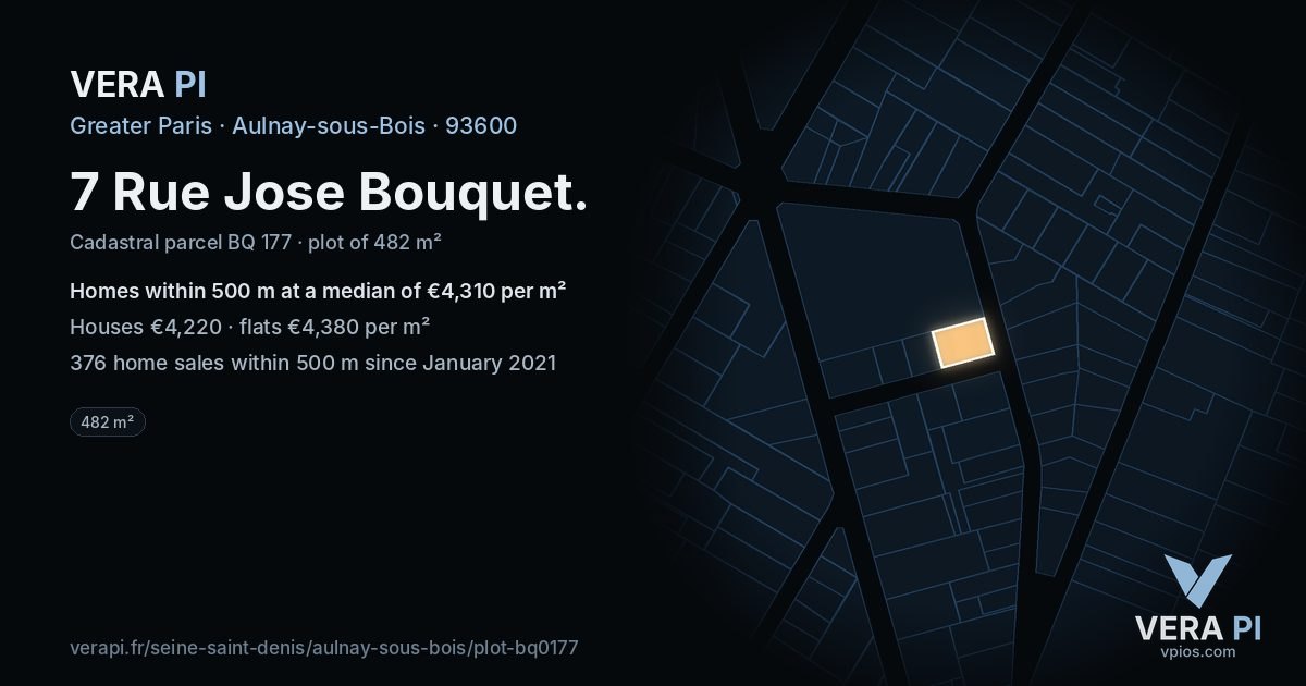 7 Rue Jose Bouquet, Aulnay-sous-Bois at night – the plot lit, the parcels around coloured by the prices near them