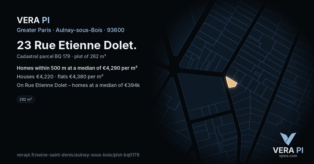 23 Rue Etienne Dolet, Aulnay-sous-Bois at night – the plot lit, the parcels around coloured by the prices near them