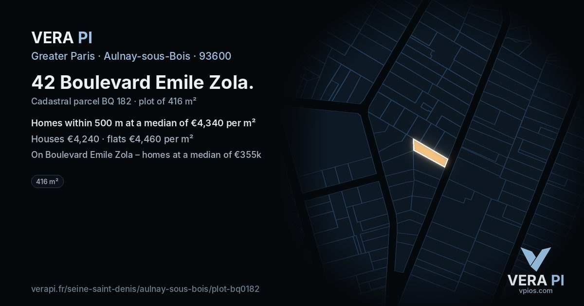 42 Boulevard Emile Zola, Aulnay-sous-Bois at night – the plot lit, the parcels around coloured by the prices near them