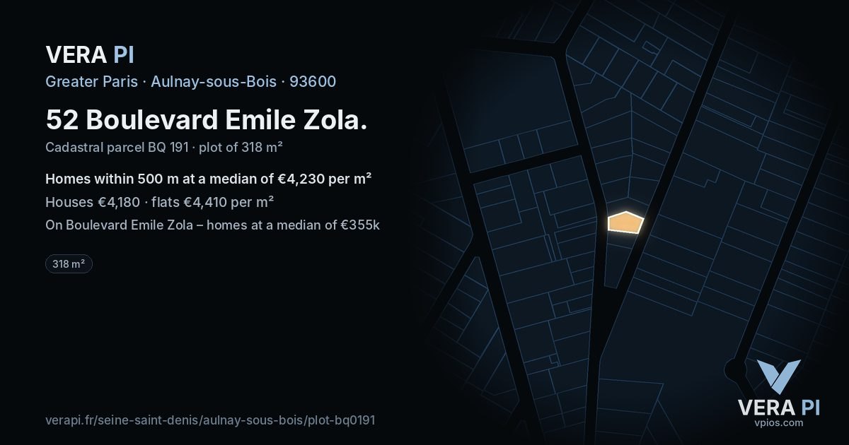 52 Boulevard Emile Zola, Aulnay-sous-Bois at night – the plot lit, the parcels around coloured by the prices near them
