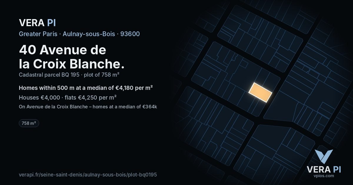 40 Avenue de la Croix Blanche, Aulnay-sous-Bois at night – the plot lit, the parcels around coloured by the prices near them