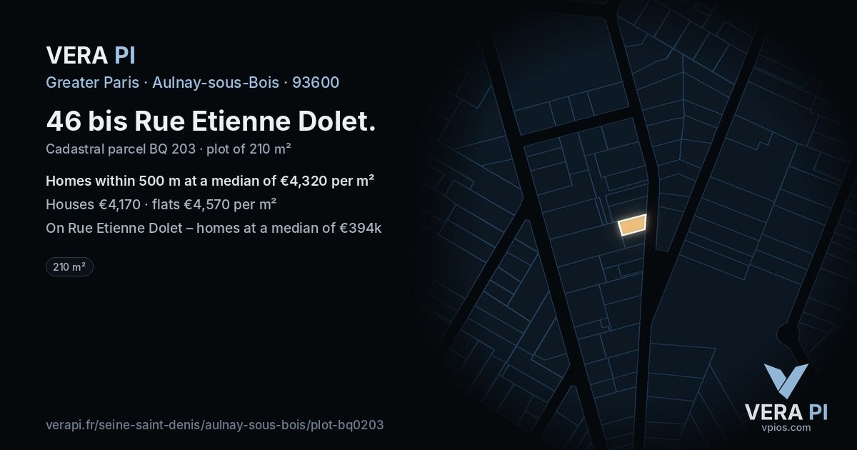 46 bis Rue Etienne Dolet, Aulnay-sous-Bois at night – the plot lit, the parcels around coloured by the prices near them