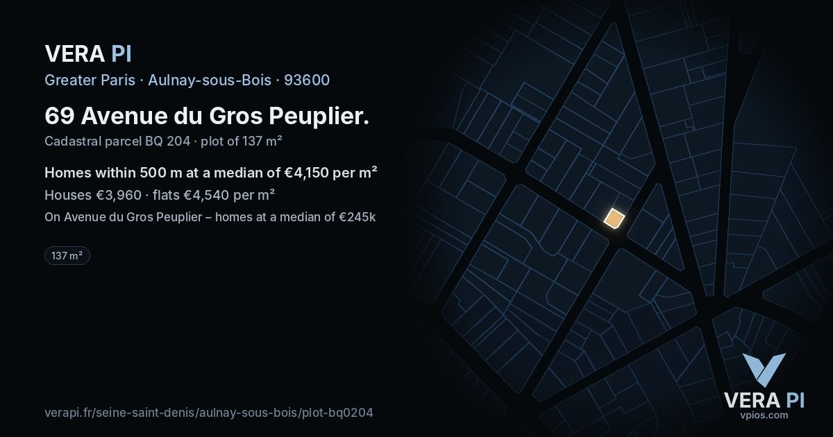 69 Avenue du Gros Peuplier, Aulnay-sous-Bois at night – the plot lit, the parcels around coloured by the prices near them