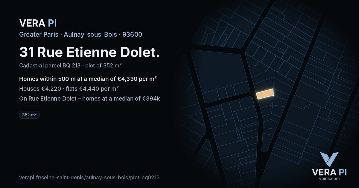 31 Rue Etienne Dolet, Aulnay-sous-Bois at night – the plot lit, the parcels around coloured by the prices near them