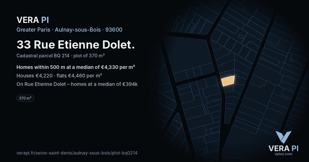 33 Rue Etienne Dolet, Aulnay-sous-Bois at night – the plot lit, the parcels around coloured by the prices near them