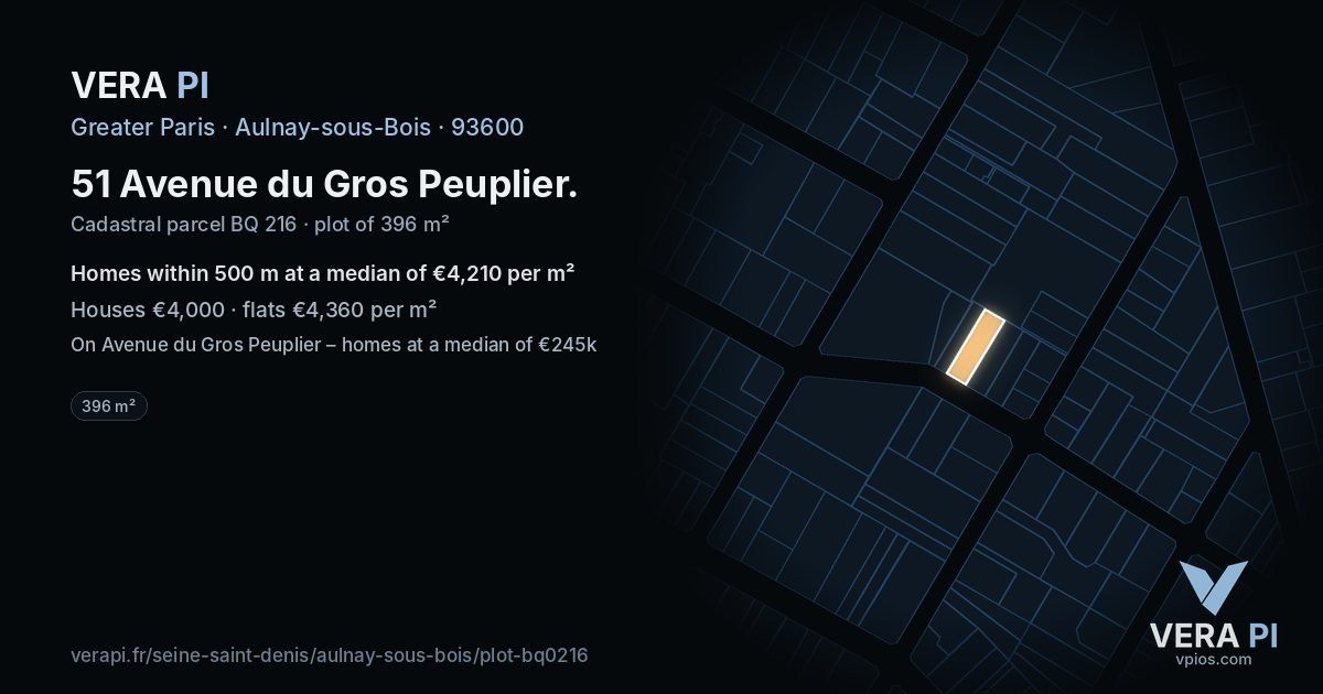 51 Avenue du Gros Peuplier, Aulnay-sous-Bois at night – the plot lit, the parcels around coloured by the prices near them