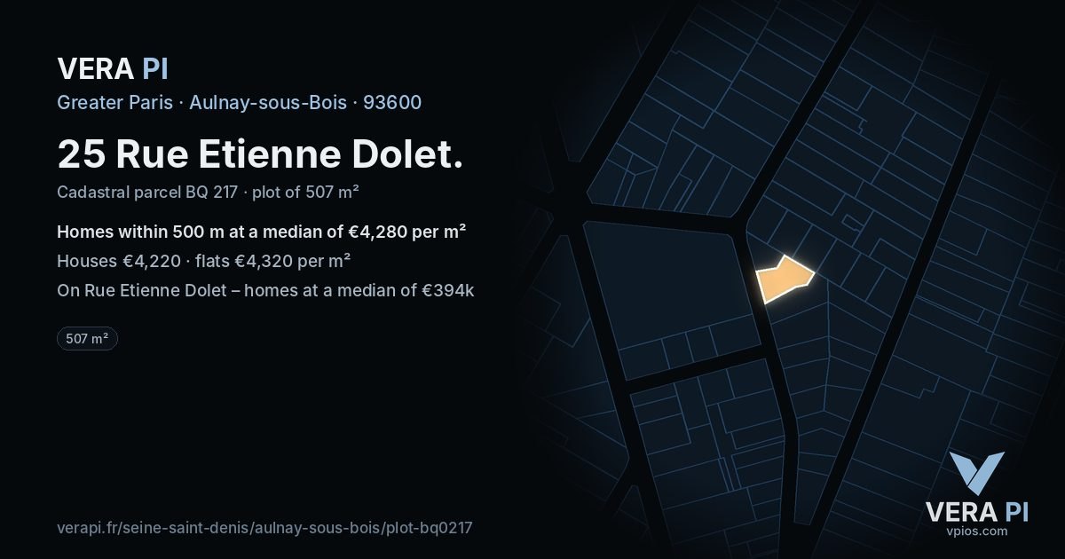 25 Rue Etienne Dolet, Aulnay-sous-Bois at night – the plot lit, the parcels around coloured by the prices near them