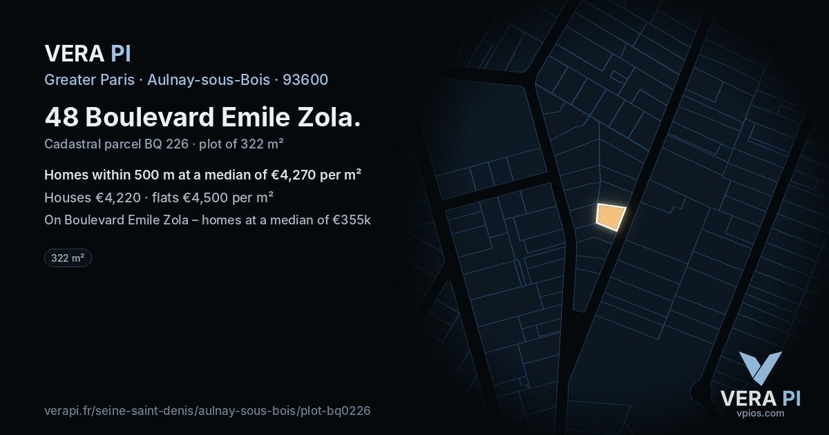 48 Boulevard Emile Zola, Aulnay-sous-Bois at night – the plot lit, the parcels around coloured by the prices near them