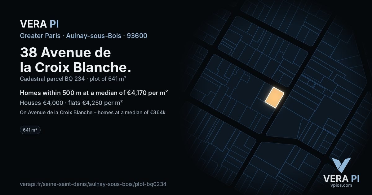 38 Avenue de la Croix Blanche, Aulnay-sous-Bois at night – the plot lit, the parcels around coloured by the prices near them