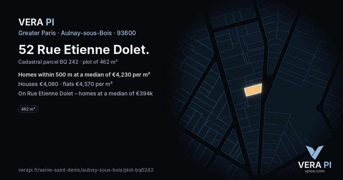 52 Rue Etienne Dolet, Aulnay-sous-Bois at night – the plot lit, the parcels around coloured by the prices near them