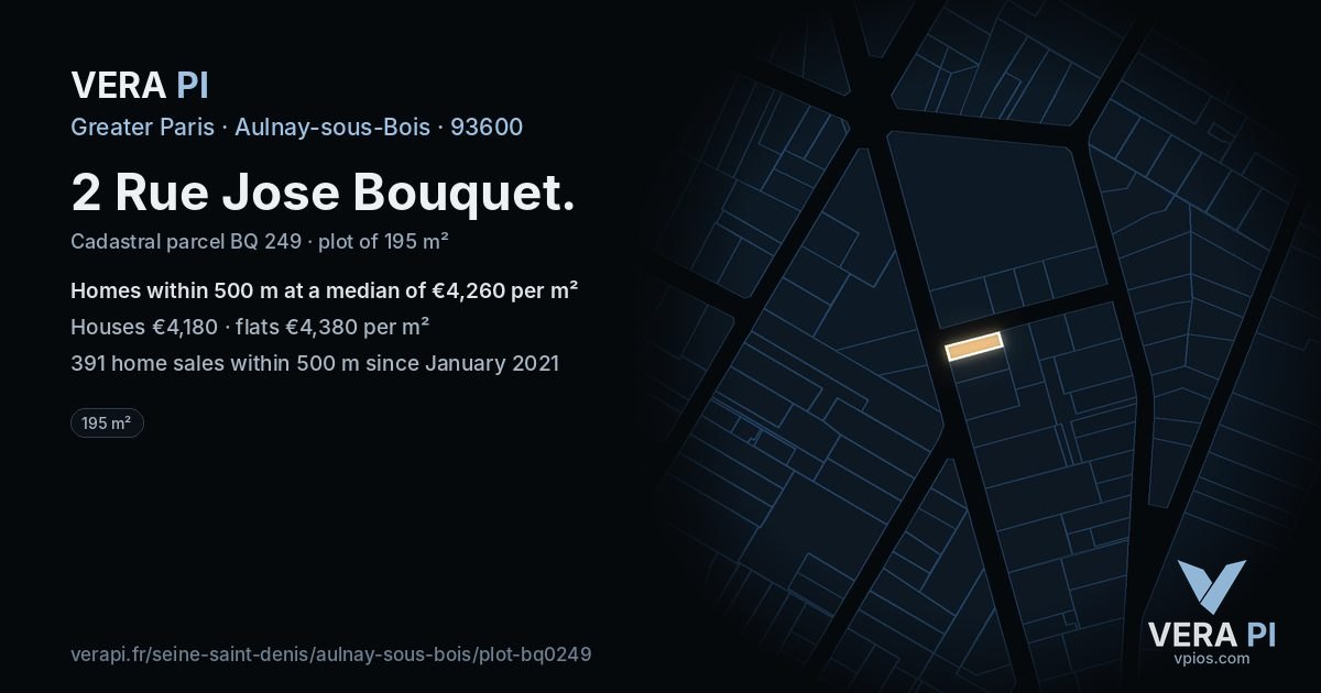 2 Rue Jose Bouquet, Aulnay-sous-Bois at night – the plot lit, the parcels around coloured by the prices near them