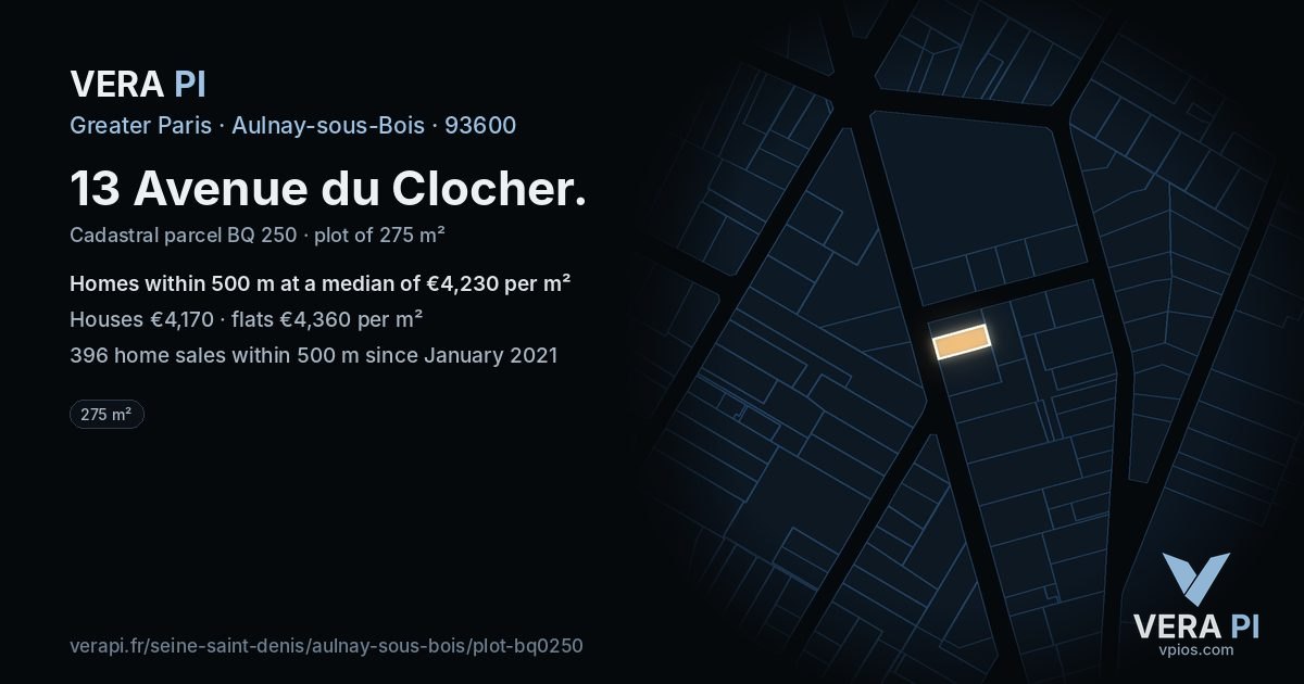 13 Avenue du Clocher, Aulnay-sous-Bois at night – the plot lit, the parcels around coloured by the prices near them