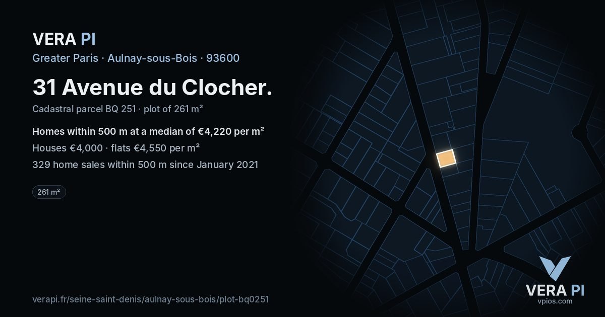 31 Avenue du Clocher, Aulnay-sous-Bois at night – the plot lit, the parcels around coloured by the prices near them