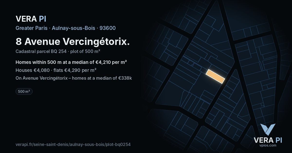8 Avenue Vercingétorix, Aulnay-sous-Bois at night – the plot lit, the parcels around coloured by the prices near them
