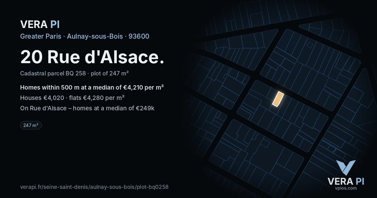 20 Rue d'Alsace, Aulnay-sous-Bois at night – the plot lit, the parcels around coloured by the prices near them