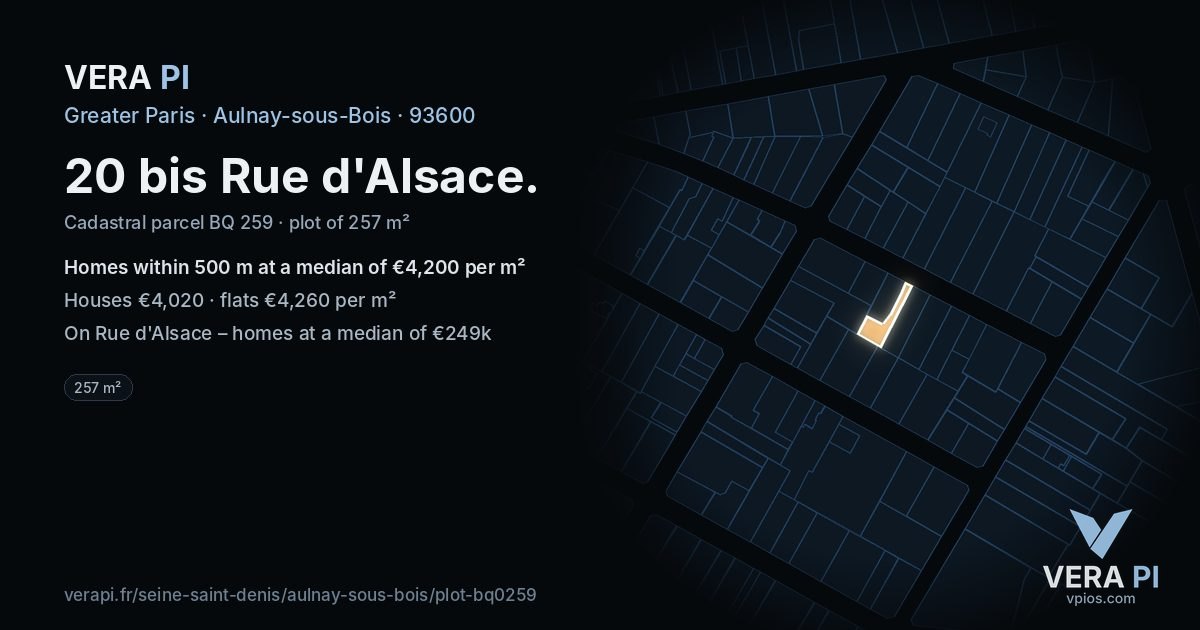 20 bis Rue d'Alsace, Aulnay-sous-Bois at night – the plot lit, the parcels around coloured by the prices near them