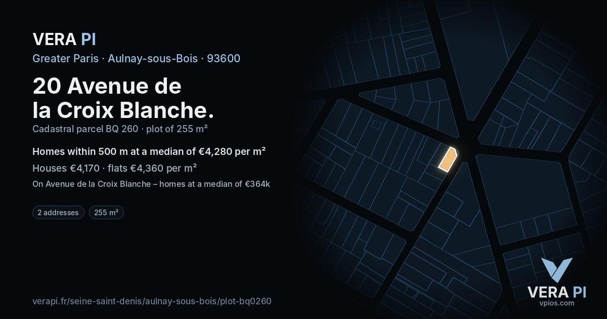 20 Avenue de la Croix Blanche, Aulnay-sous-Bois at night – the plot lit, the parcels around coloured by the prices near them