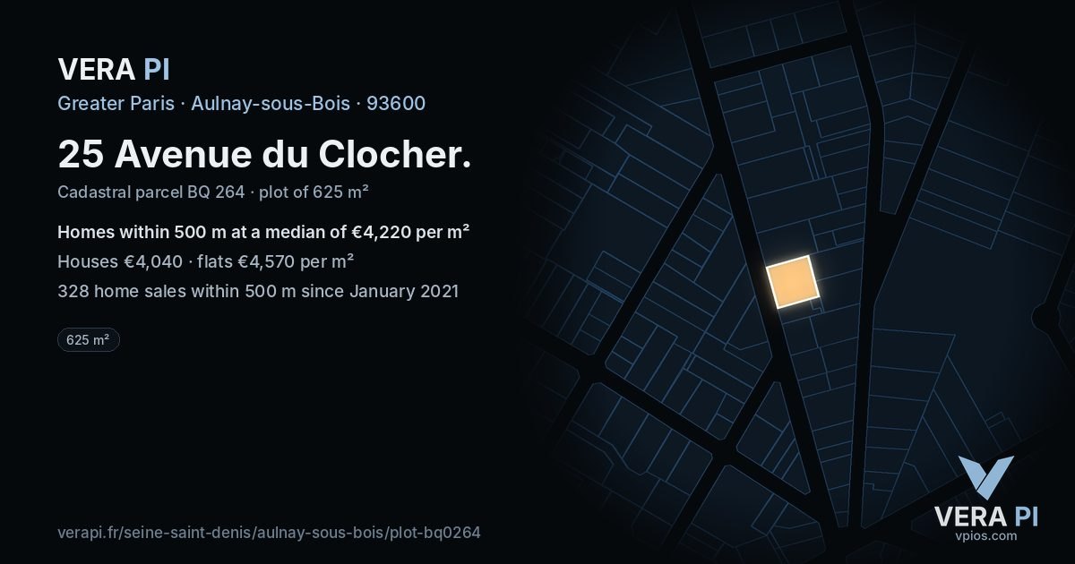 25 Avenue du Clocher, Aulnay-sous-Bois at night – the plot lit, the parcels around coloured by the prices near them