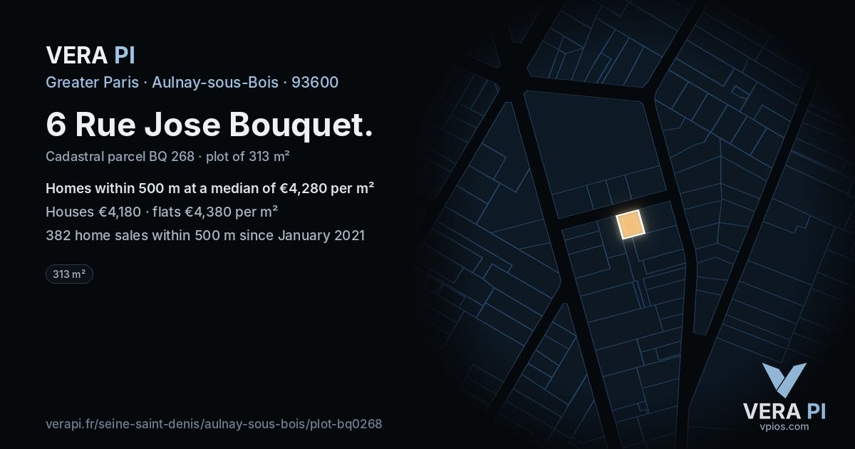 6 Rue Jose Bouquet, Aulnay-sous-Bois at night – the plot lit, the parcels around coloured by the prices near them