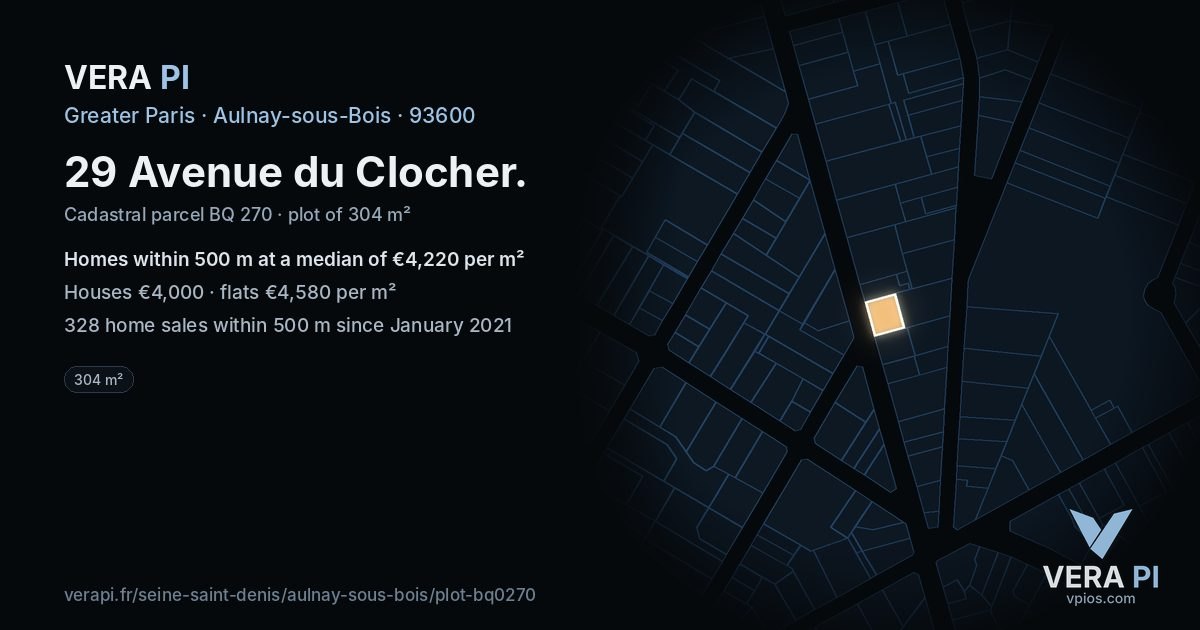 29 Avenue du Clocher, Aulnay-sous-Bois at night – the plot lit, the parcels around coloured by the prices near them