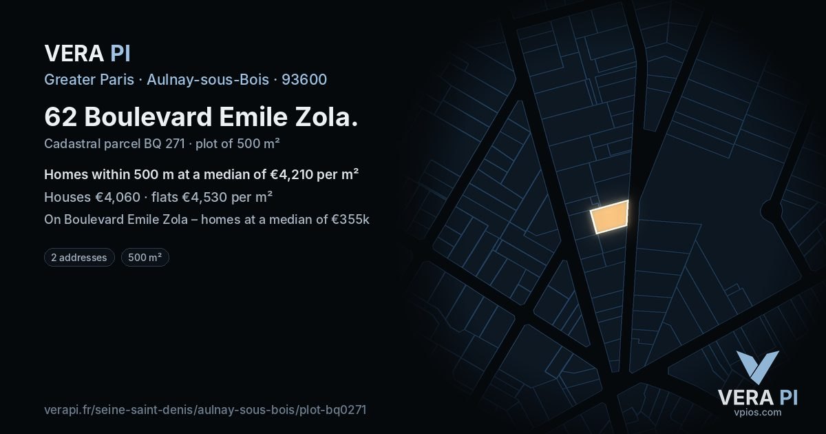 62 Boulevard Emile Zola, Aulnay-sous-Bois at night – the plot lit, the parcels around coloured by the prices near them