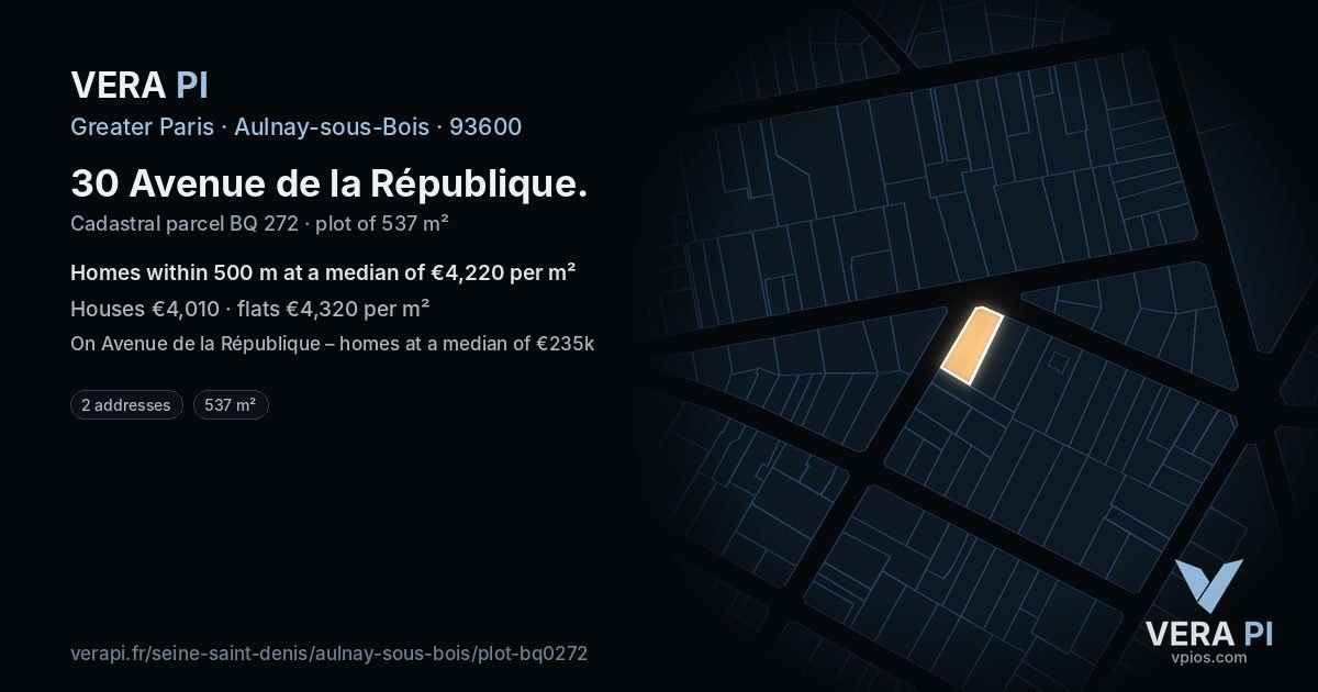 30 Avenue de la République, Aulnay-sous-Bois at night – the plot lit, the parcels around coloured by the prices near them