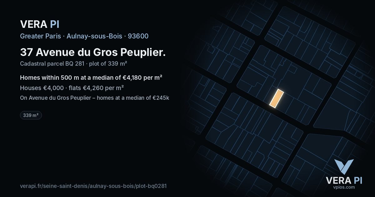 37 Avenue du Gros Peuplier, Aulnay-sous-Bois at night – the plot lit, the parcels around coloured by the prices near them