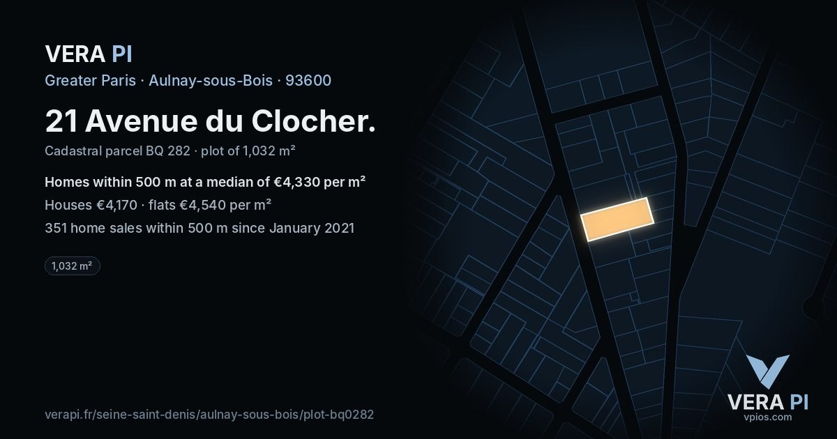 21 Avenue du Clocher, Aulnay-sous-Bois at night – the plot lit, the parcels around coloured by the prices near them