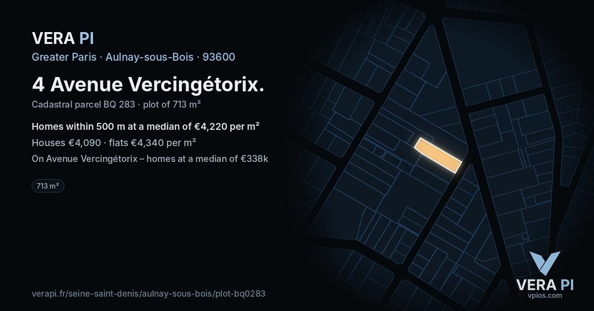 4 Avenue Vercingétorix, Aulnay-sous-Bois at night – the plot lit, the parcels around coloured by the prices near them