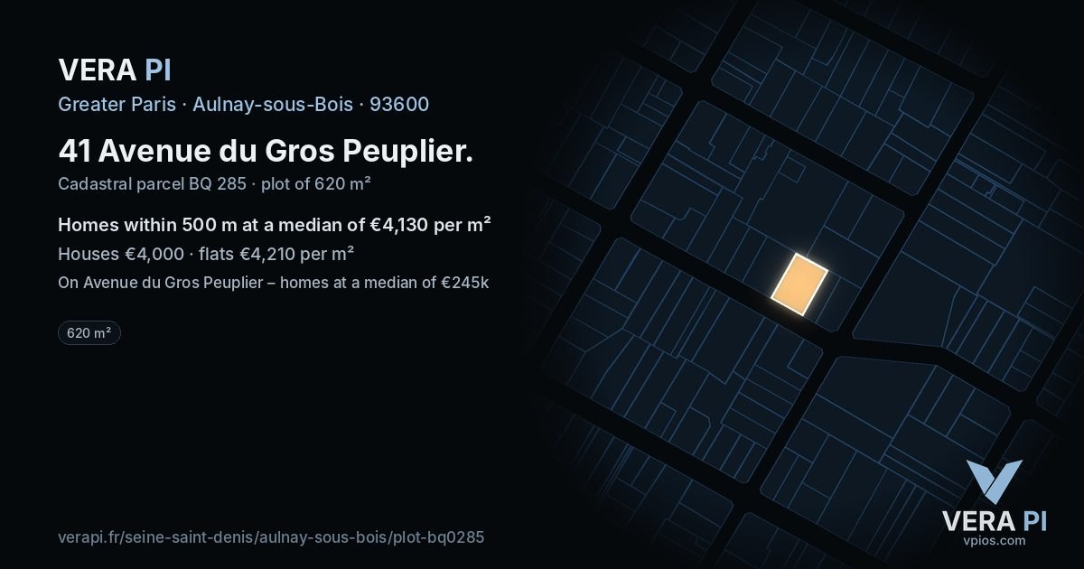41 Avenue du Gros Peuplier, Aulnay-sous-Bois at night – the plot lit, the parcels around coloured by the prices near them
