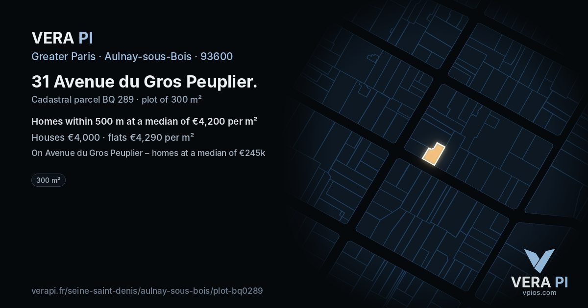 31 Avenue du Gros Peuplier, Aulnay-sous-Bois at night – the plot lit, the parcels around coloured by the prices near them