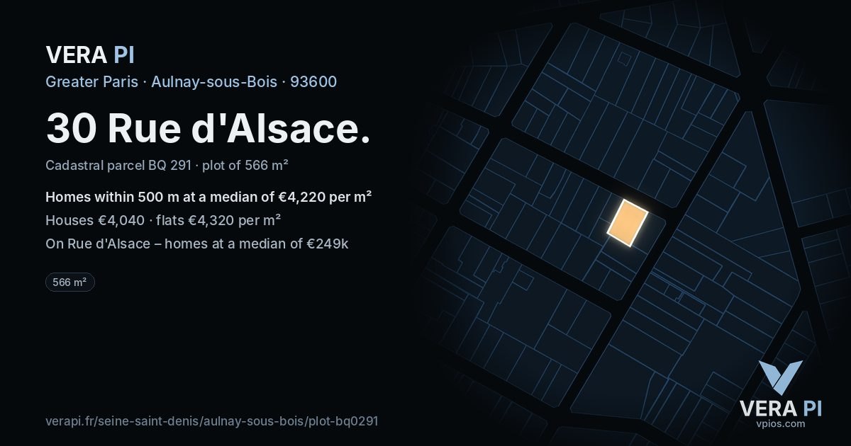 30 Rue d'Alsace, Aulnay-sous-Bois at night – the plot lit, the parcels around coloured by the prices near them