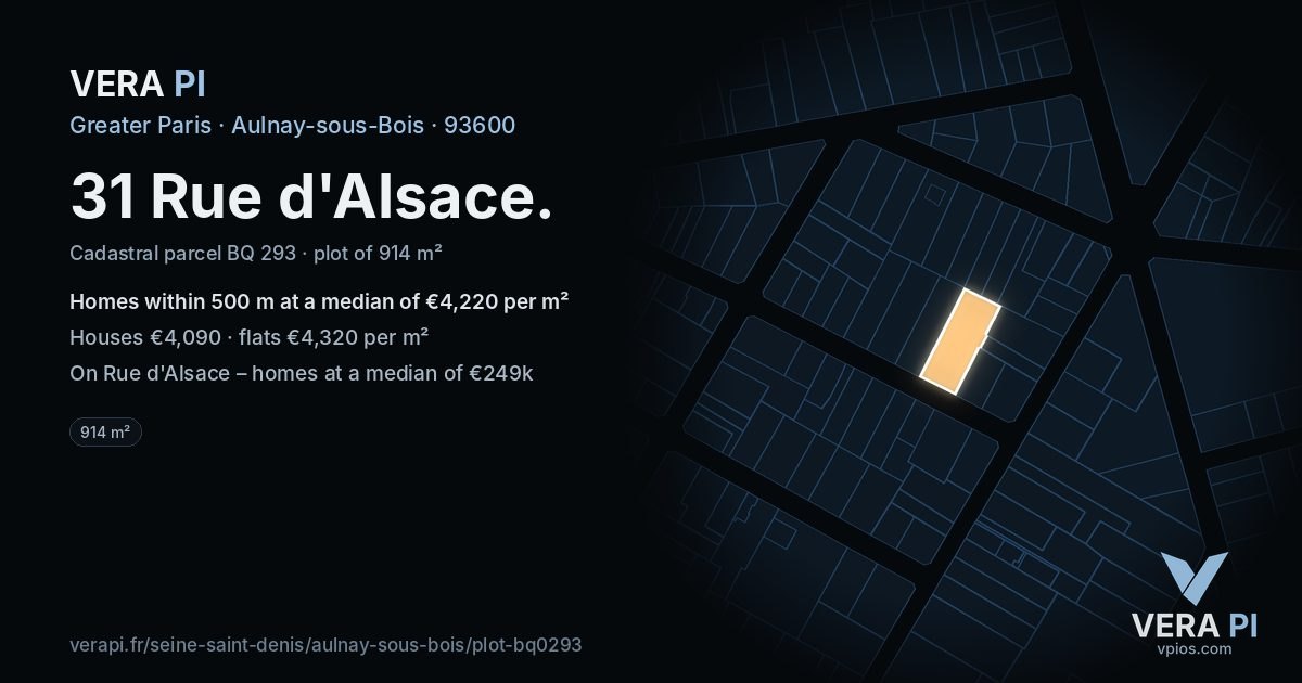 31 Rue d'Alsace, Aulnay-sous-Bois at night – the plot lit, the parcels around coloured by the prices near them
