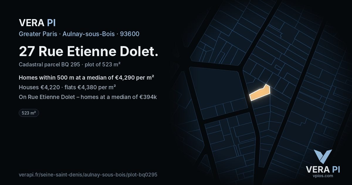 27 Rue Etienne Dolet, Aulnay-sous-Bois at night – the plot lit, the parcels around coloured by the prices near them