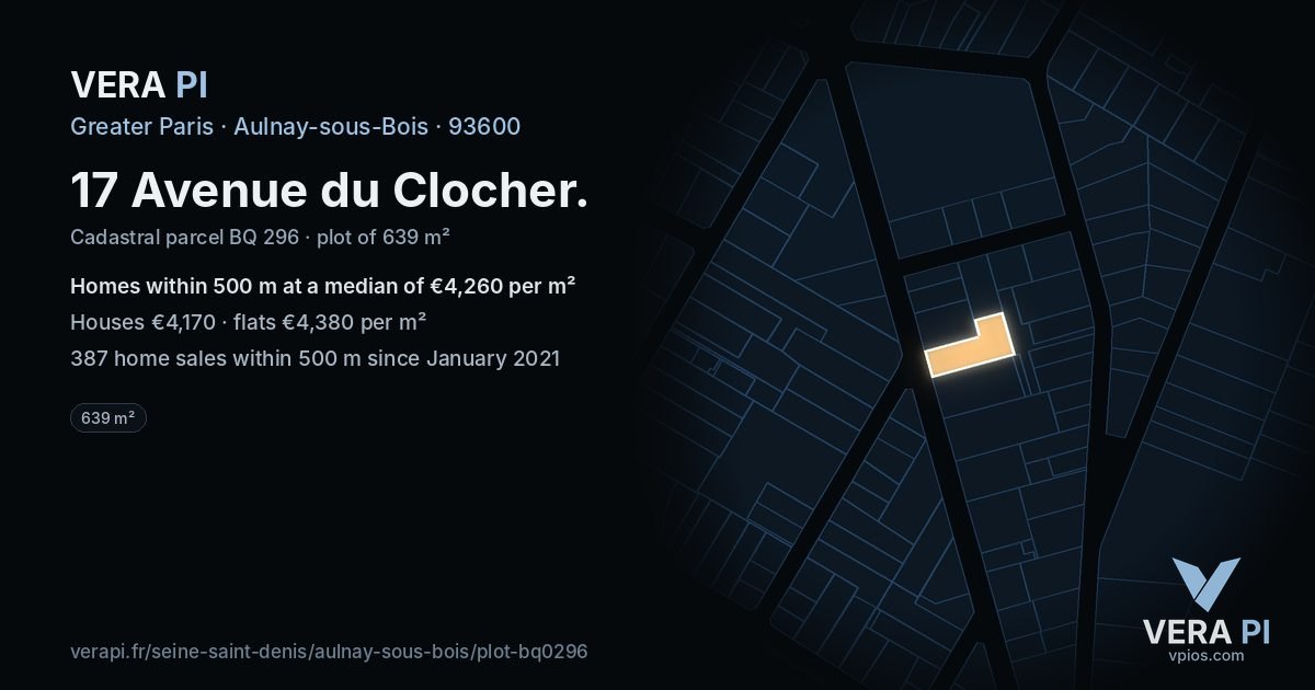 17 Avenue du Clocher, Aulnay-sous-Bois at night – the plot lit, the parcels around coloured by the prices near them