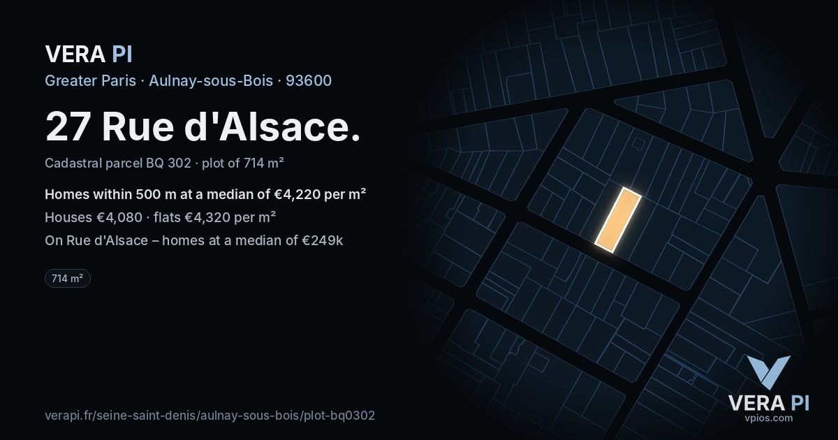 27 Rue d'Alsace, Aulnay-sous-Bois at night – the plot lit, the parcels around coloured by the prices near them